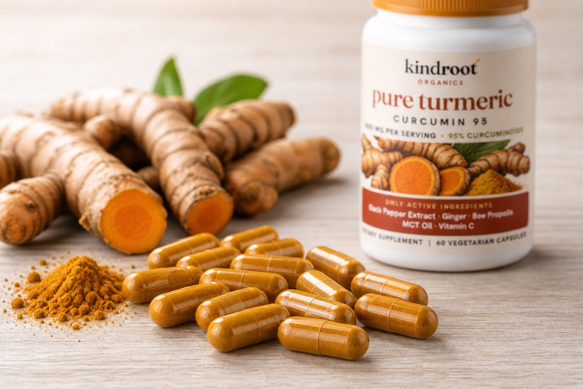 KindRoot Pure Turmeric capsules beside the bottle