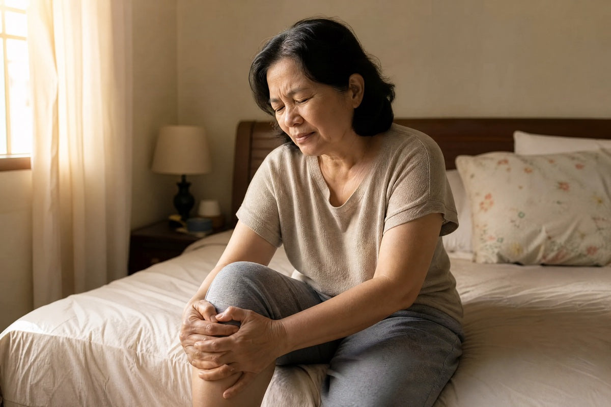 Woman sitting on the edge of her bed holding her knee in the morning