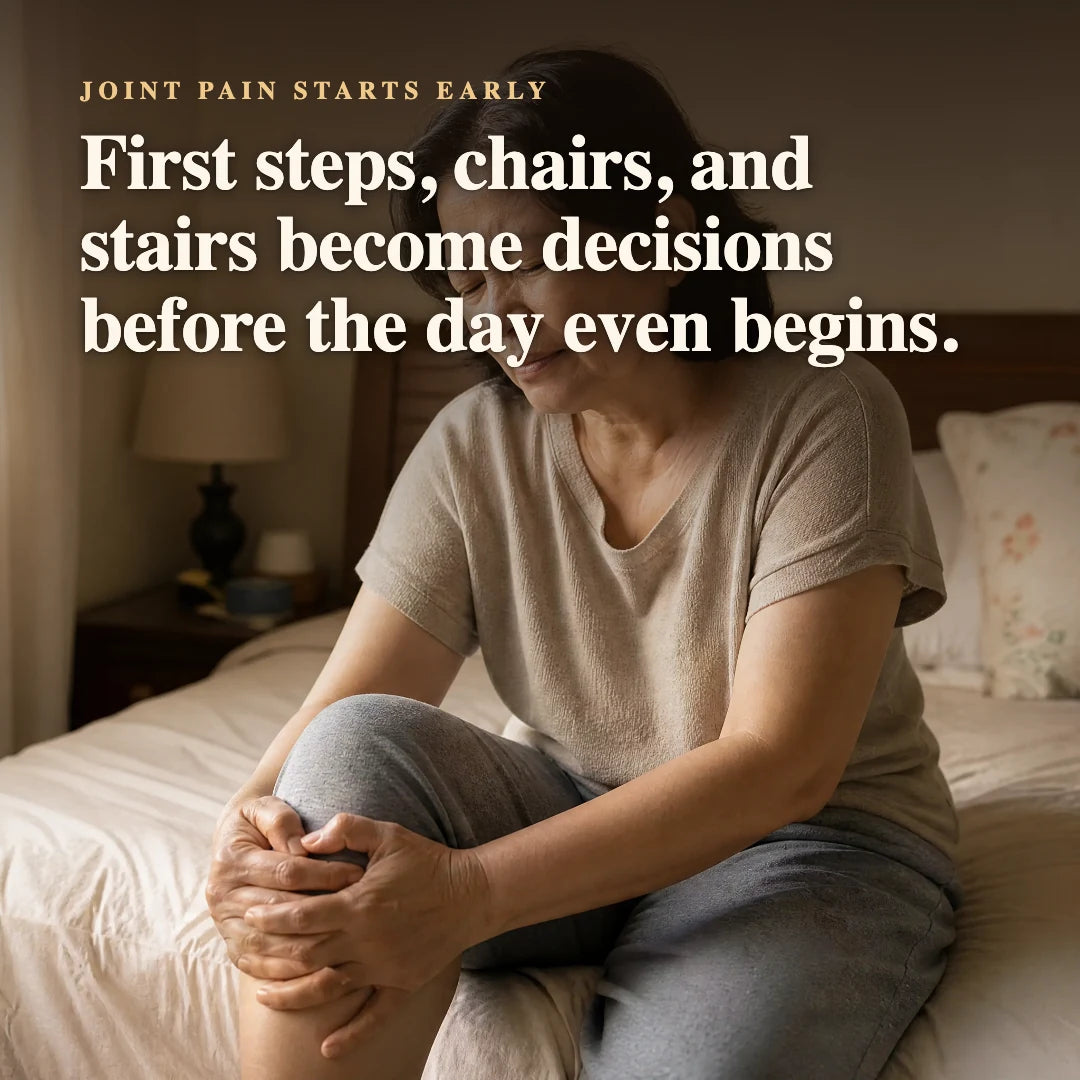 Woman holding her knee with first steps chairs and stairs message