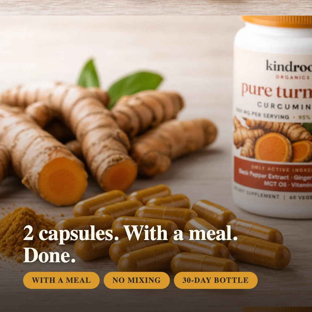 KindRoot bottle turmeric and capsules with daily serving instructions
