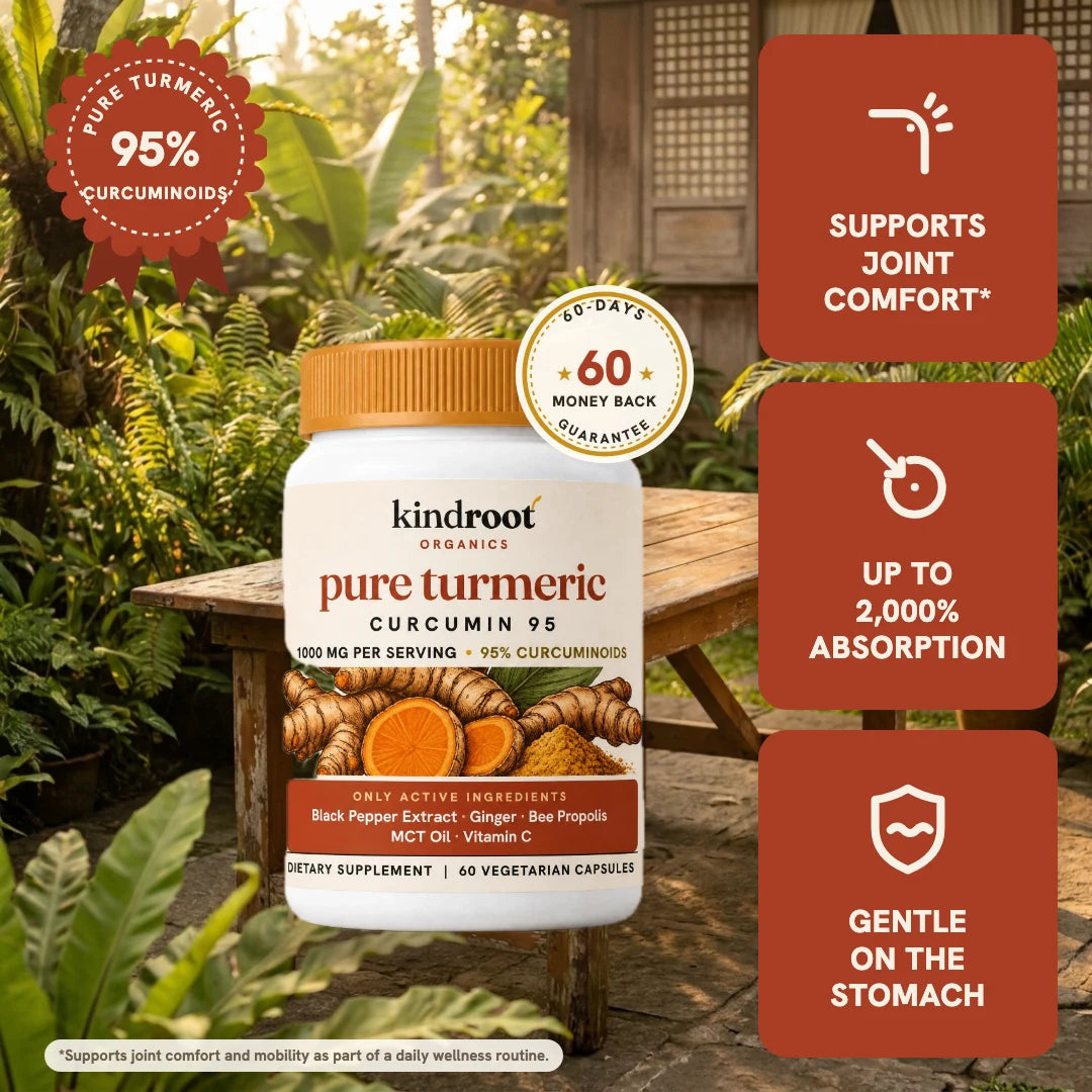 KindRoot Pure Turmeric bottle in a golden-hour Philippine garden with benefit cards supports joint comfort up to 2,000 percent absorption and gentle on the stomach plus a 95 percent curcuminoids rosette and 60-day money-back guarantee seal