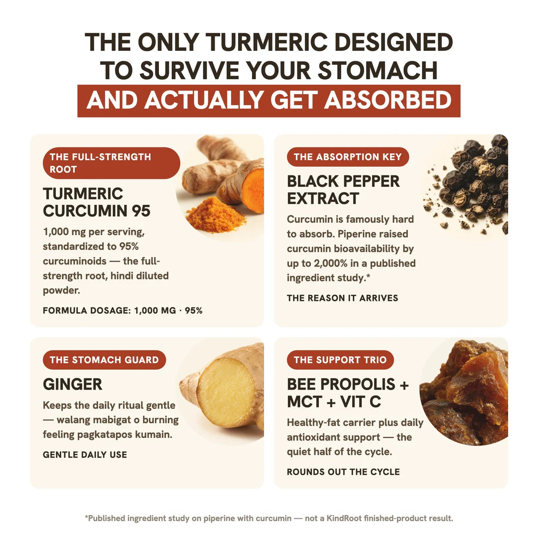The only turmeric designed to survive your stomach and actually get absorbed with four ingredient cards turmeric black pepper ginger and bee propolis