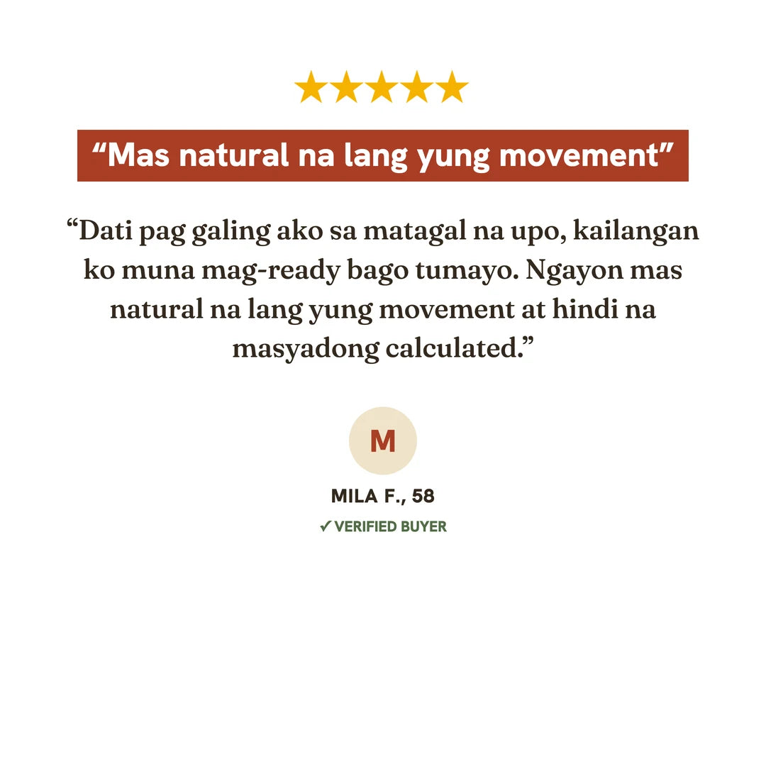 Five-star verified buyer review from Mila F about movement feeling natural again