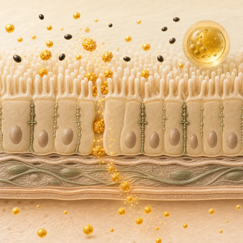 Scientific cutaway showing curcumin particles passing through an intestinal barrier