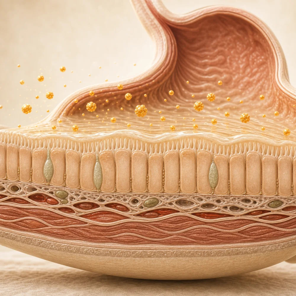 Scientific cutaway of an intact stomach lining with ginger-gold compounds