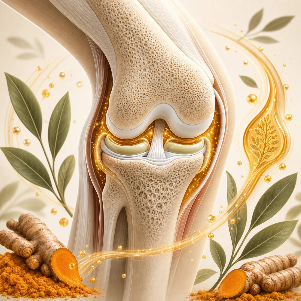 Scientific cross-section of a healthy knee joint with botanical compounds